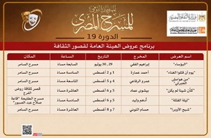 برنامج عروض هيئة قصور الثقافة في المهرجان القومي للمسرح في دورته 19